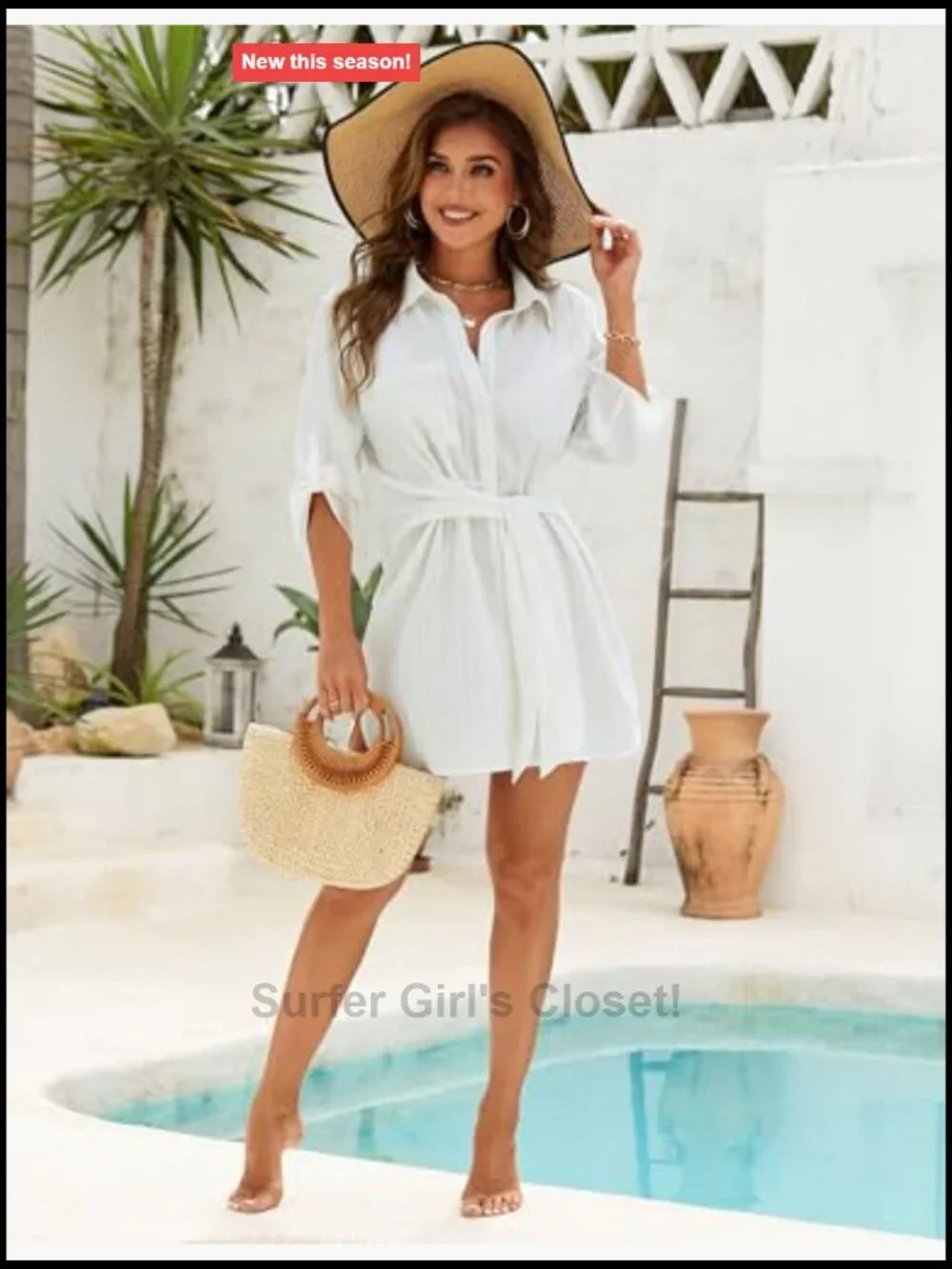 Women's Swimsuit Cover Up Tie Side Beach Dress Shirt 3/4 Sleeve